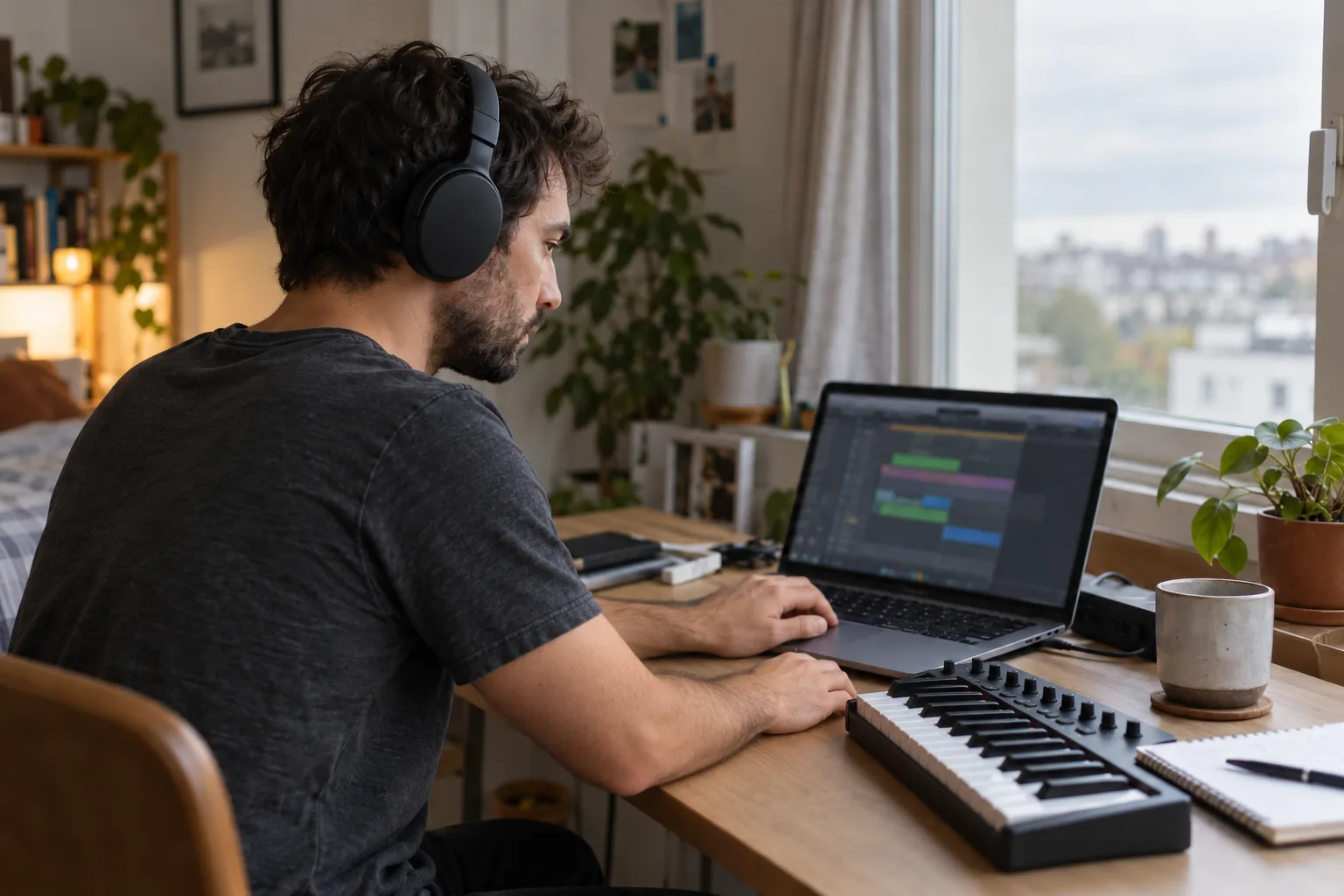 A producer working on music at home