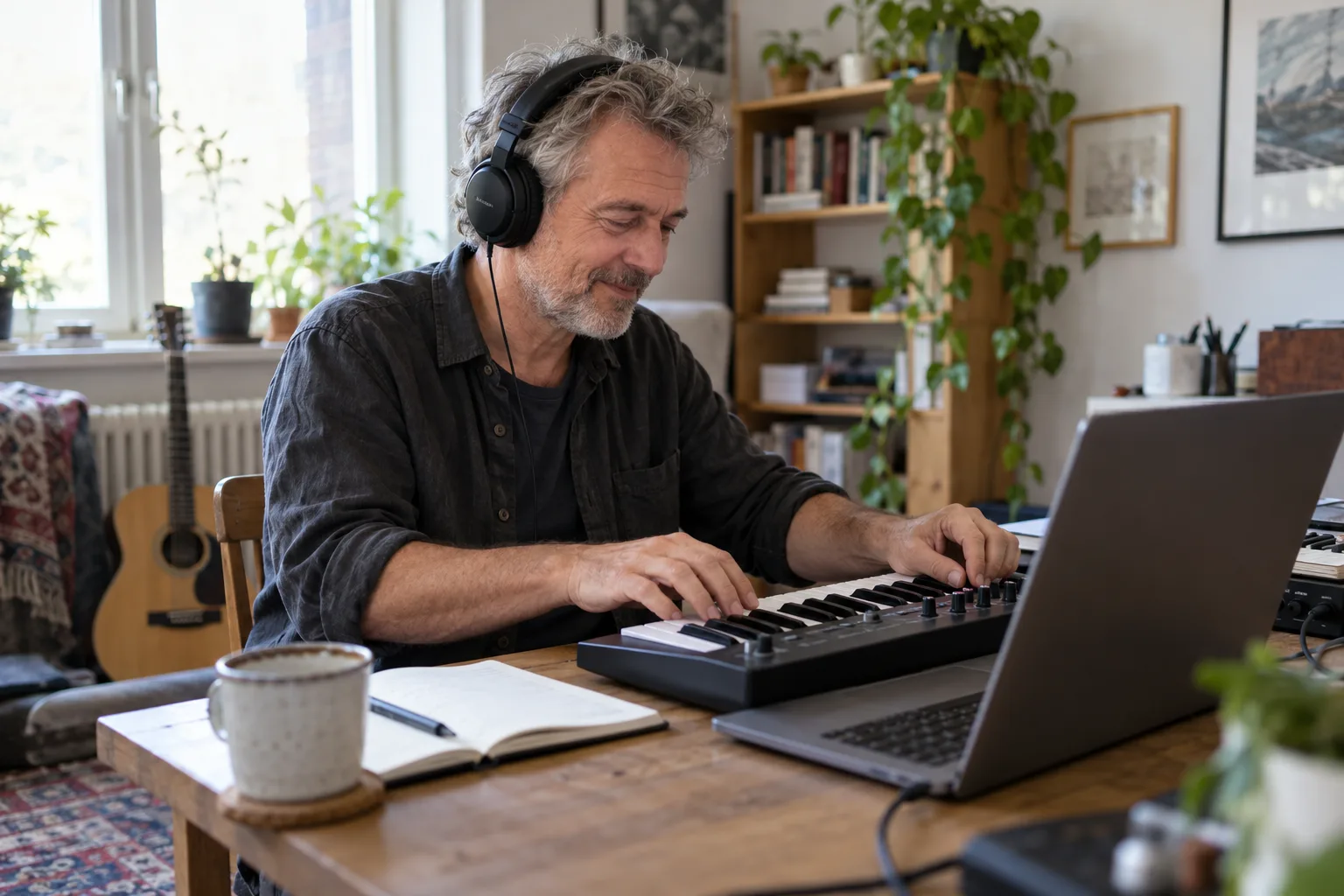 An older producer enjoying making music with headphones