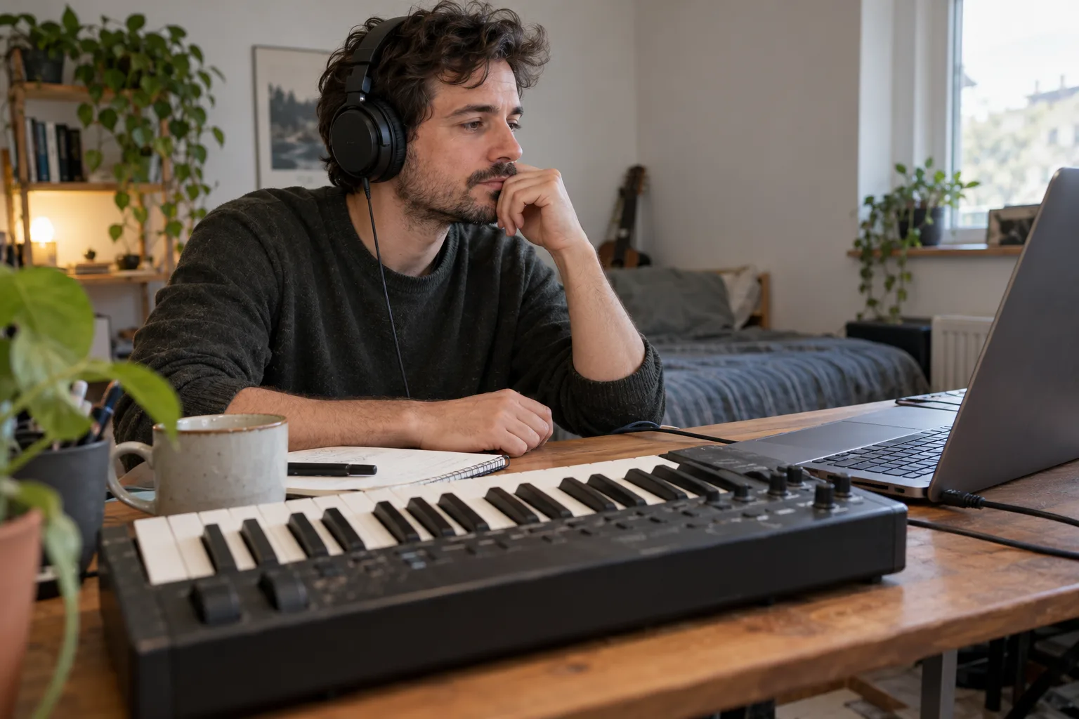 A producer making music with a modest setup