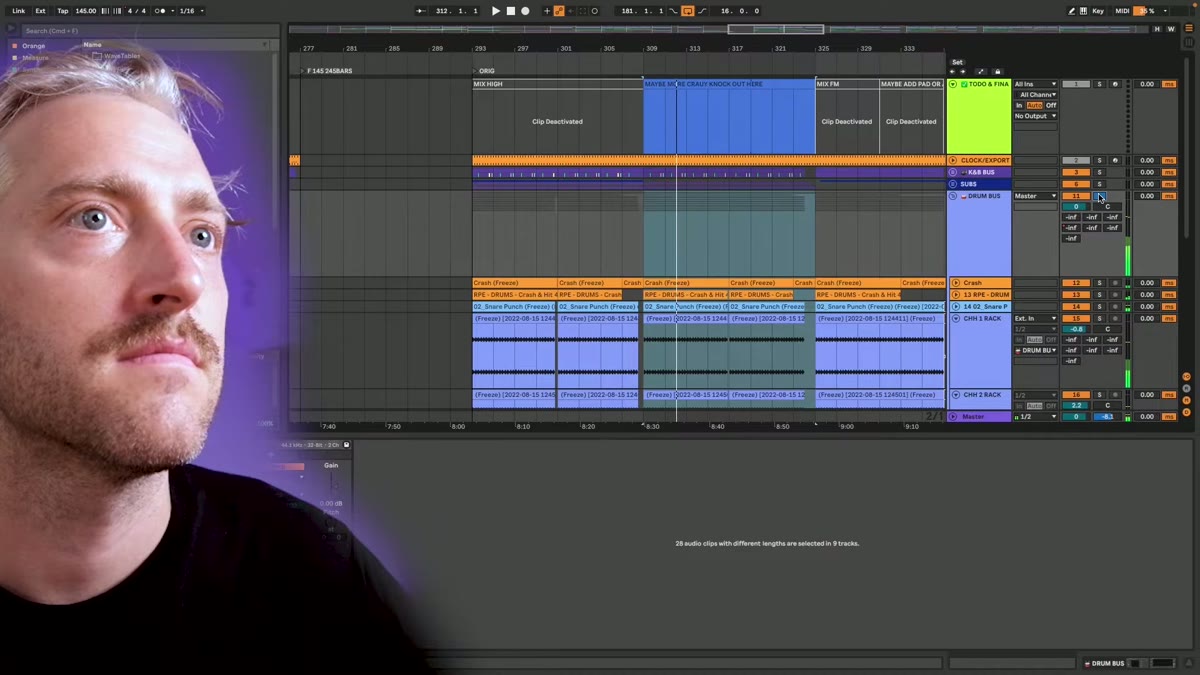 Ableton arrangement view showing layered psytrance drum and percussion clips