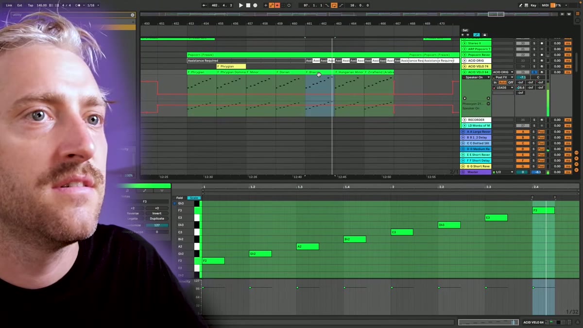 Ableton piano roll showing a psytrance melody in a minor scale