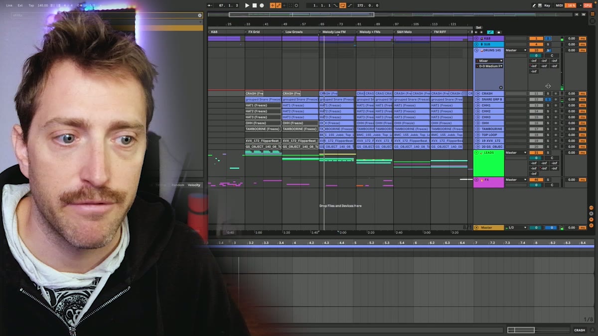 Ableton arrangement with psytrance drum and percussion clips