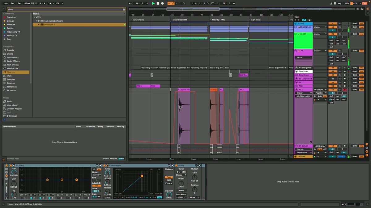 Ableton session showing FX and automation on a psytrance track