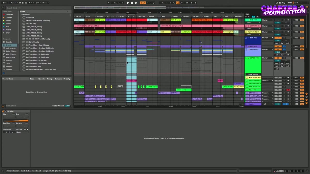 Ableton showing the kick and bass foundation of a psytrance track