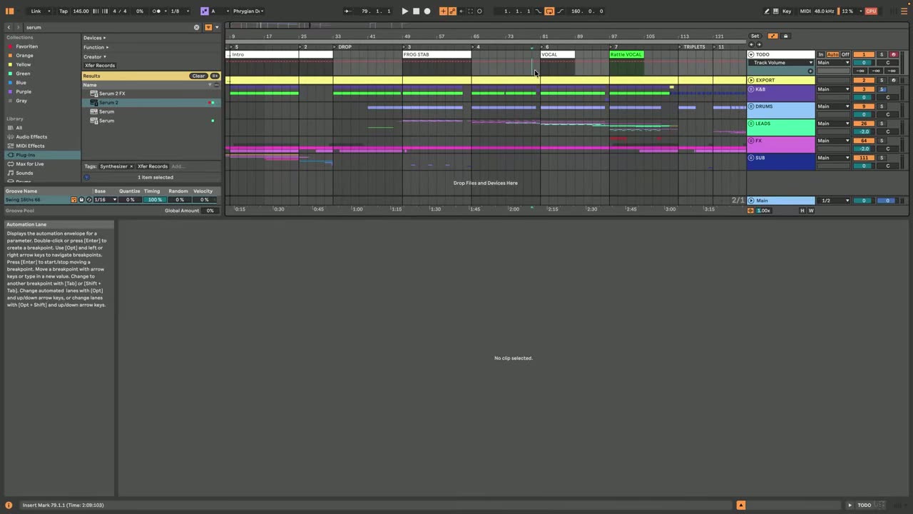 The Bufuria intro arrangement in Ableton with the frog stab and vocal clips — screenshot from the video