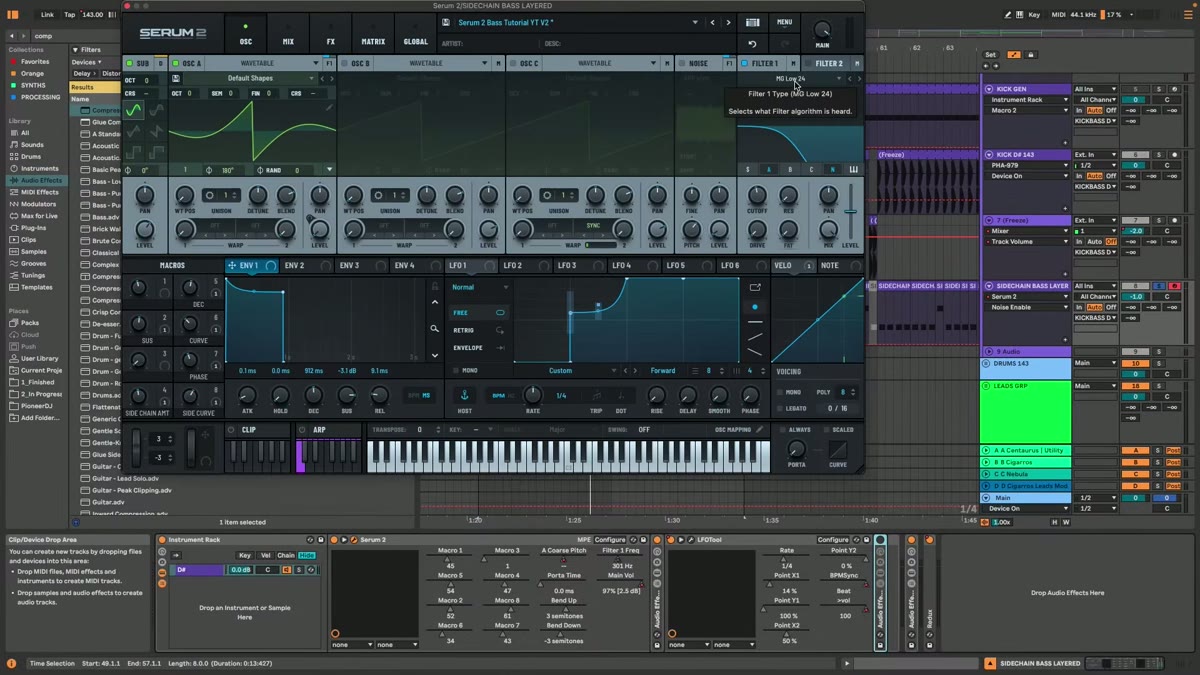 Ableton bass channel showing a heavy sidechain pump