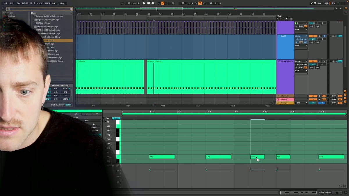 Offbeat bass notes placed against the kick