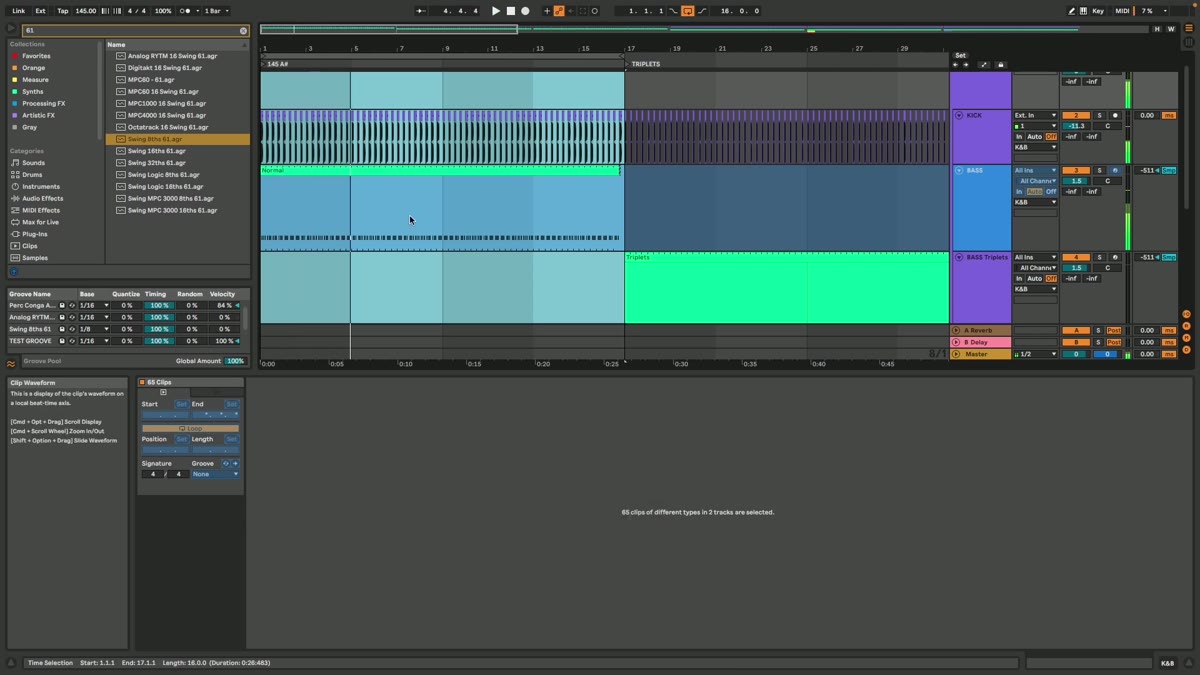 Ableton piano roll showing a triplet bassline grid
